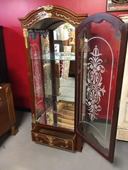 Ornate Burl Walnut French Style Display Cabinet With Brass Accents Glass Shelves