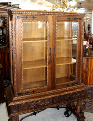 French Antique Oak Wood Renaissance Display Cabinet With 2 Shelf