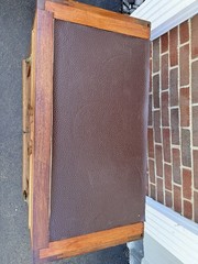 Vintage Burl Walnut Wood Small Side Cabinet Drawer Leather Top – Brass Hardware