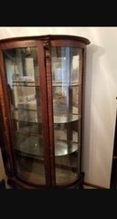 Antique Dark Oak Tiger Wood Lighted Lion Head Curved Glass Curio China Cabinet