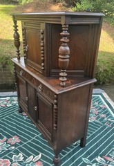 Tomlinson 1930s/40s Jacobean Revival Gothic Carved Romano Oak Court Cupboard
