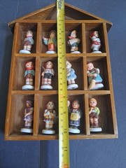 Vintage Wood Curio Cabinet Display 12 Slots House Shape w/ Hummel Type figurines