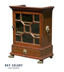 ANTIQUE GEORGE III OAK SPECIMEN OR VALUABLES CABINET WITH LION’S HEAD MOUNTS
