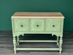 1940s Spanish Style Oak Console Cabinet, Green Console Table