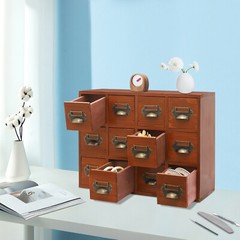 12-Drawer Vintage Wooden Desktop Storage Cabinet Brown Tabletop Organizer