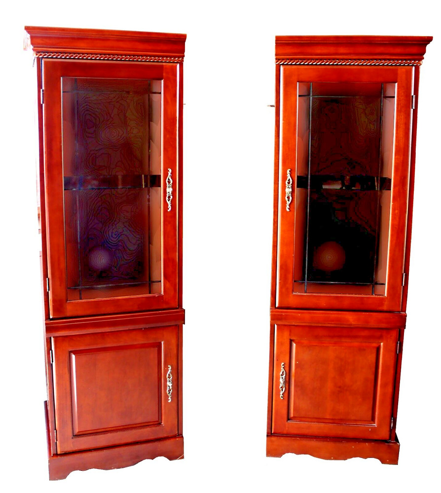 Contemporary Mahogany-Stained Empire Style Illuminated Display Cabinet Unit Pair
