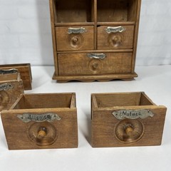 Antique Wood Apothecary Spice Cabinet 9 Metal Labeled Drawers 18.5” x 10”