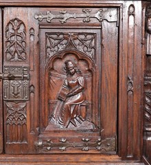 Antique French Gothic Revival Cabinet Highly Carved in Oak Wood w/Figures