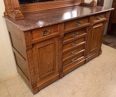 Antique Victorian Oak American Marble Top Sideboard with Curio Cabinets