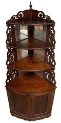 CORNER CABINET, Etagere, Curio, Rosewood, Arebesque Cutout Sides, Bowfront, 73″t