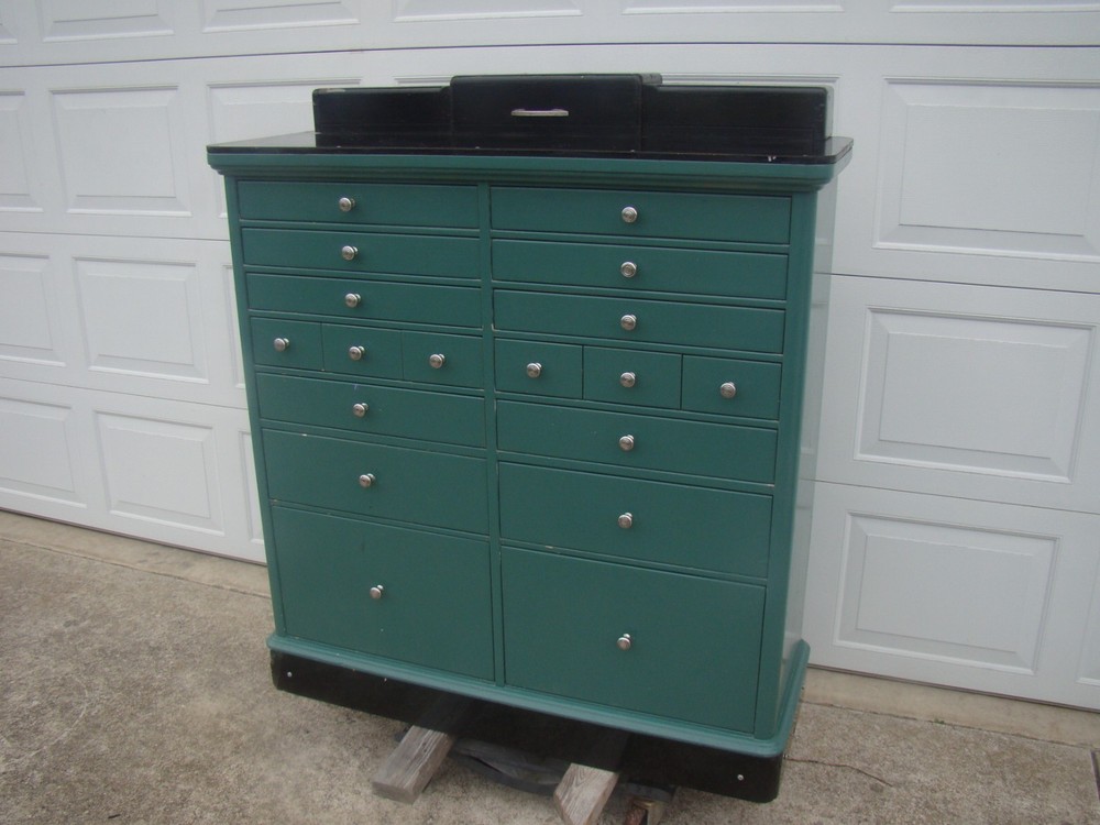 Antique Art Deco 18 Drawer Wood Medical Dental Cabinet by American Cabinet Co