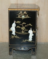 DECORATIVE CHINESE CHINOISERIE GEISHA GIRLS LACQUER SIDE CABINET SOAPSTONE