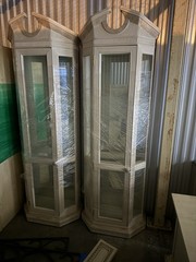 Antique Tall Beige Glass Display Cabinets Wood Decorative Top Pair
