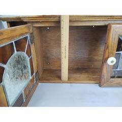 Handmade Oak Wall Cabinet Stained Slag Glass Doors Shelving 32in Cabin Kitchen