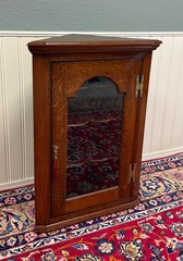 Antique English Corner Cabinet Carved Oak Hanging Wall Cabinet Storage c.1920s
