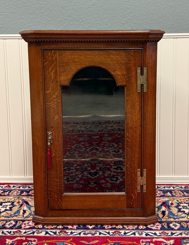 Antique English Corner Cabinet Carved Oak Hanging Wall Cabinet Storage c.1920s