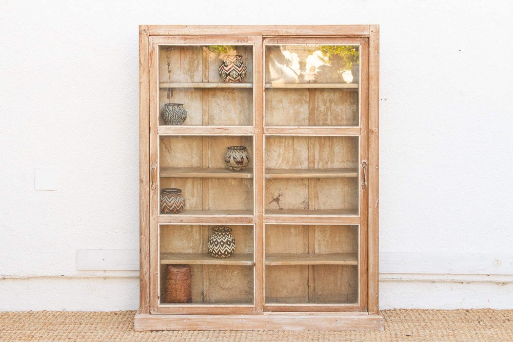 Antique Bleached Whitewash Slim Glass Cabinet