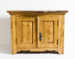 17″W, Antique 1930s small Children’s 2 door Cabinet, faux wood grain painted.