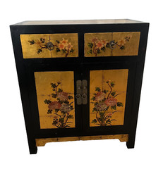 Mid Century Chinese Console Cabinet, Two Drawers Chinoiserie Hand Painted Flower