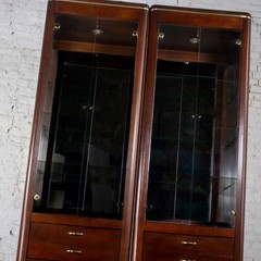 Modern Pair Lighted Display Cabinets by Bassett Furniture Cherrywood & Brass