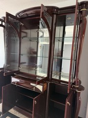 large traditional china cabinet, new, brown, glass upper section