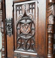Vintage French Gothic Revival Cabinet/Console/Sideboard, Highly Carved Oak Wood