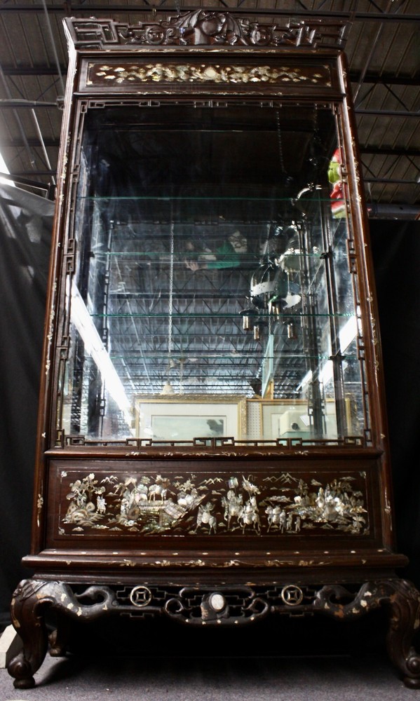 Antique Cabinet Glass Front Hand Carved Asian Motifs & Mother-of-Pearl Designs