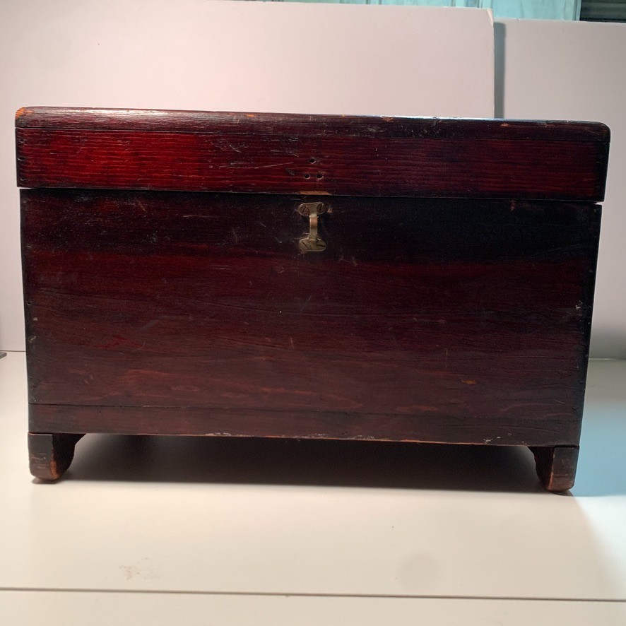 Antique 19thC Red Lacquer Desktop Storage Box 18in Small Asian Document Chest