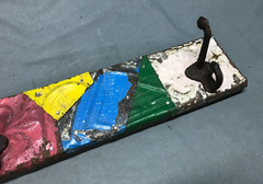 VTG Decorative Shabby Patchwork 23″ Tin Ceiling Metal 3 Hook Rack Old 180-25B