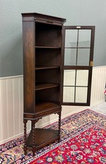 Antique English Jacobean Corner Cabinet Barley Twist Legs Glass Door Oak 1920s