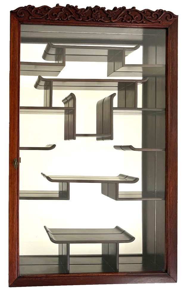 Early 20th-C Chinese Carved Rosewood Wall Mounted Curio Display Cabinet