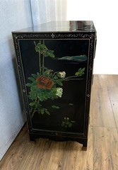 Vintage Chinese Asian Black Lacquer Cabinet Side Entry Table w Stone Onlay