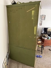 Antique Green Gold Painted Wood Cabinet Asian Motif Carvings 4 Doors 2 Drawers