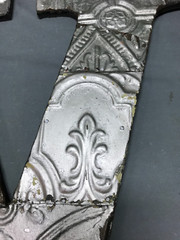 Decorative Salvage Tin Ceiling 16″ Patchwork Silver Metal VTG Letter V 1800-24B
