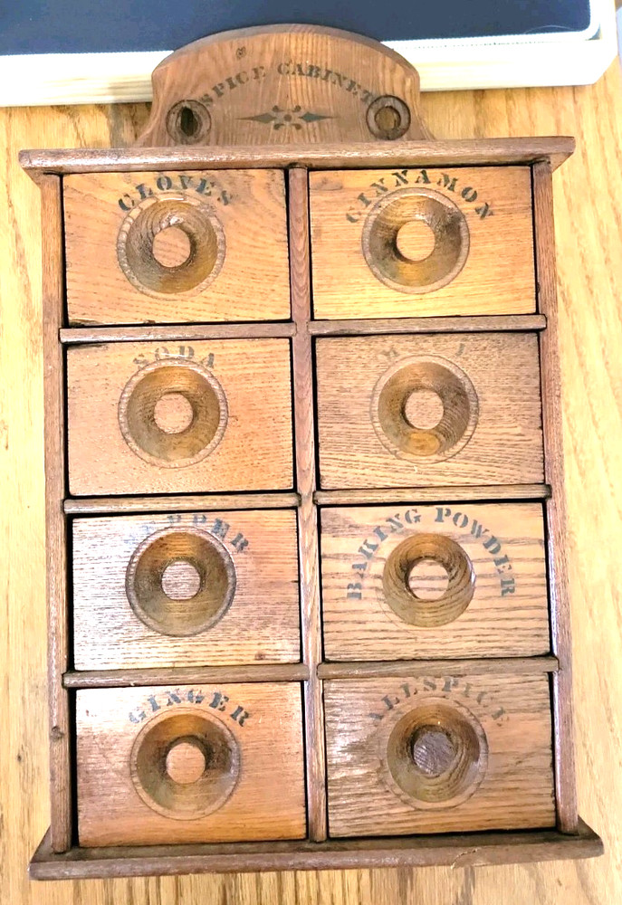 Antique Stenciled Wooden Oak Wall 8 Drawer Spice Cabinet Cupboard 18″x11″x5″