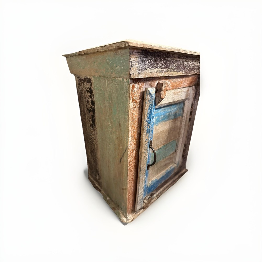 Antique Handmade Multicolor Distressed Wooden Panel Door Cabinet with Shelf