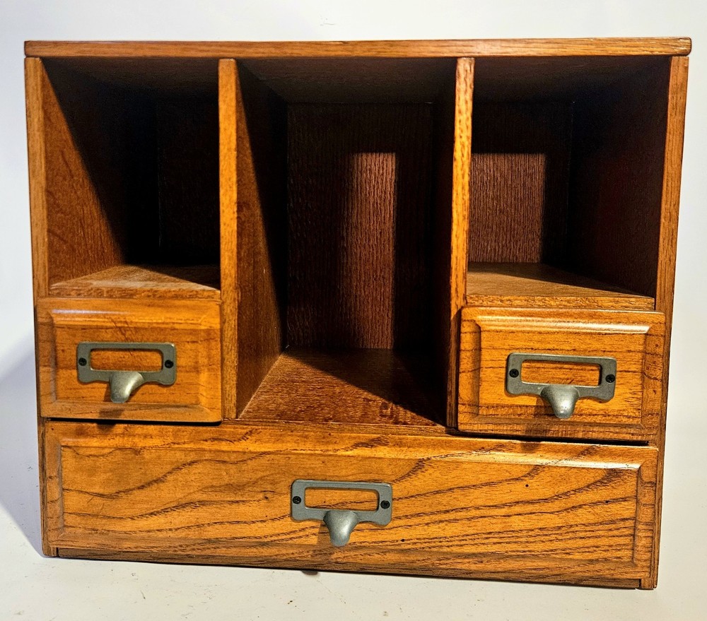 VTG Oak 3 Drawer Library/Home Desk Letter File Cabinet Arts & Craft Style