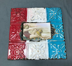 VTG Shabby 11″ Sq. Photo 4×6 Tin Ceiling Metal Picture Frame Old 1700-25B