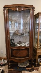 Vintage China Cabinet Vitrine with Curved Glass Brass Accents and Key