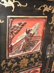 Vintage Oriental Asian Black & Red Hand Painted Lacquer Cabinet Side Table