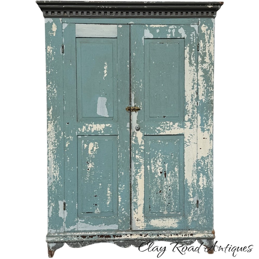 antique Blue Painted Cupboard Dental Molding Dovetailed Farm House 1820
