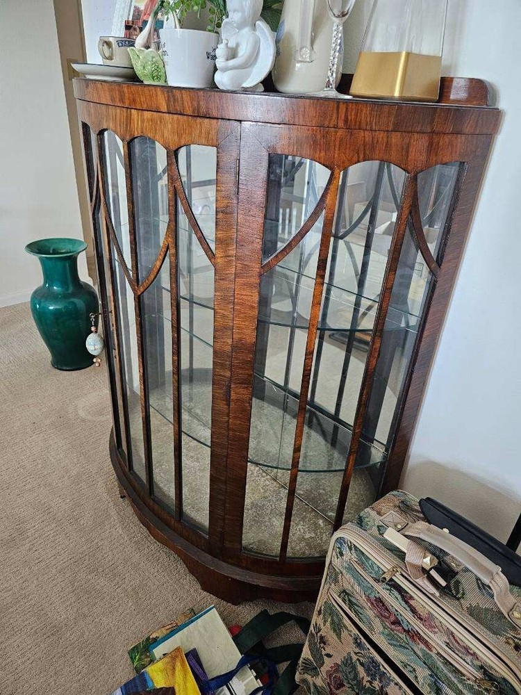 Vintage English China cabinet,  Mahogany wood with original curved glass/shelves