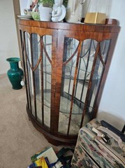 Vintage English China cabinet,  Mahogany wood with original curved glass/shelves