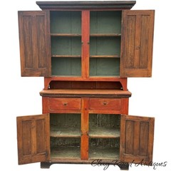 Antique Ohio Step Back dutch cupboard Red paint country farmhouse raised panel