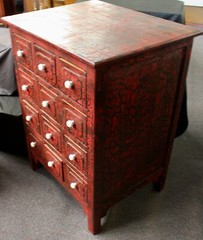 Antique 12 Drawer Red Wooden Cabinet Apothecary, Tool, Sewing. Divided Drawers