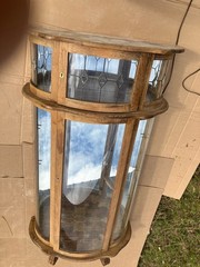 Vintage Oak Curio Cabinet with 3 Glass Shelves Lights Curved Glass late 40s 50s