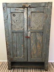 1800s Antique Punched Tin Panel Wood Pie Safe Cabinet Robin Egg Blue Farmhouse