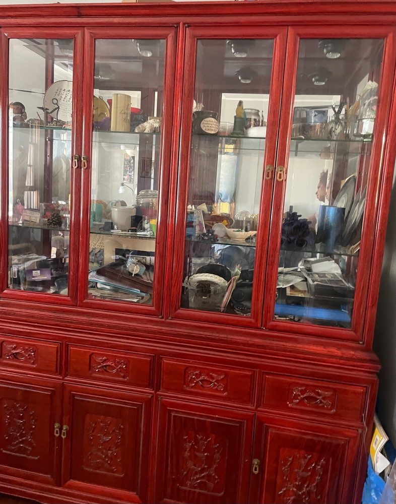 Vintage Chinese Red Lacquer Carved Lighted China Cabinet / Curio Hutch
