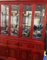Vintage Chinese Red Lacquer Carved Lighted China Cabinet / Curio Hutch