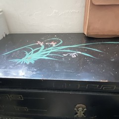 Antique Black Painted Wood 2-Door Hinged Cabinet w/ Asian Scene, 36x20x12